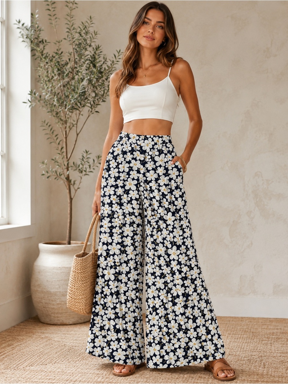 NWT By Together Navy and White Daisy Floral Wide Leg Pants 100% cotton size L